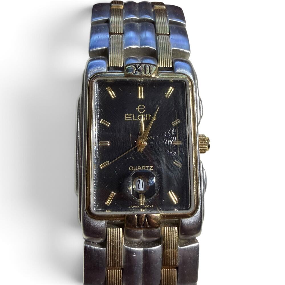 Vintage Elgin Men's Quartz Wrist Watch FM333-040 Two Tone Square Black Dial